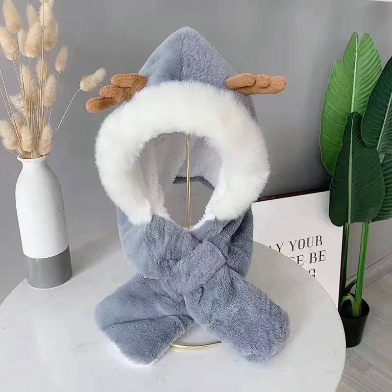 Winter children's hats scarves integrated men and girls thickened warm baby cute baby antlers windproof ear protection cap