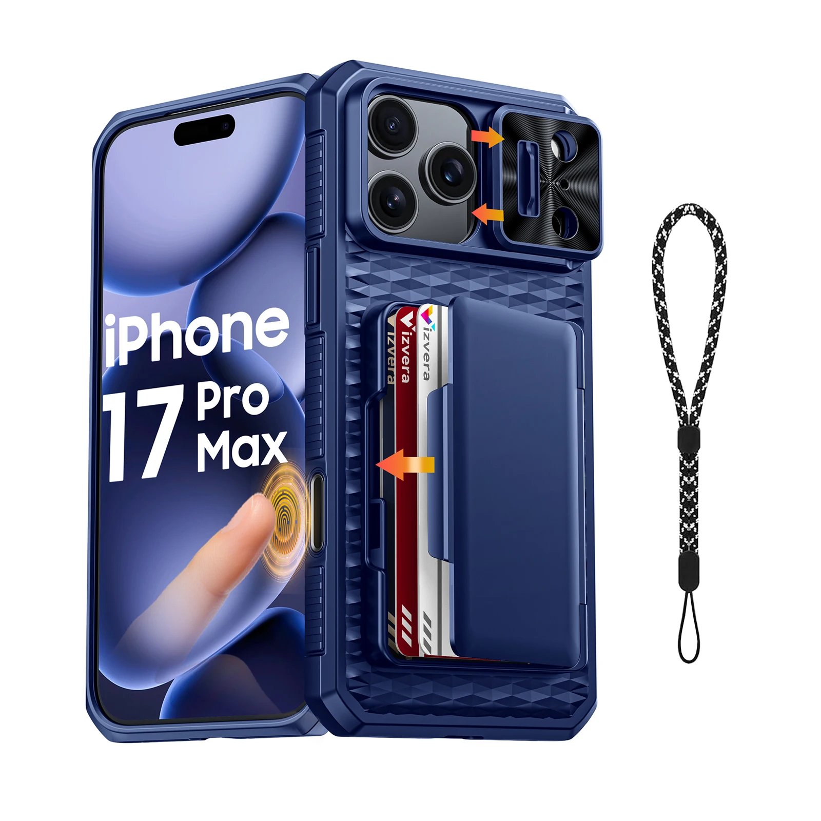 With Card Holder Sliding Camera Cover And Stand For iPhone 17 Pro/17 Pro Max Phone Case, Anti-Fall PC+TPU Wallet Case-Black