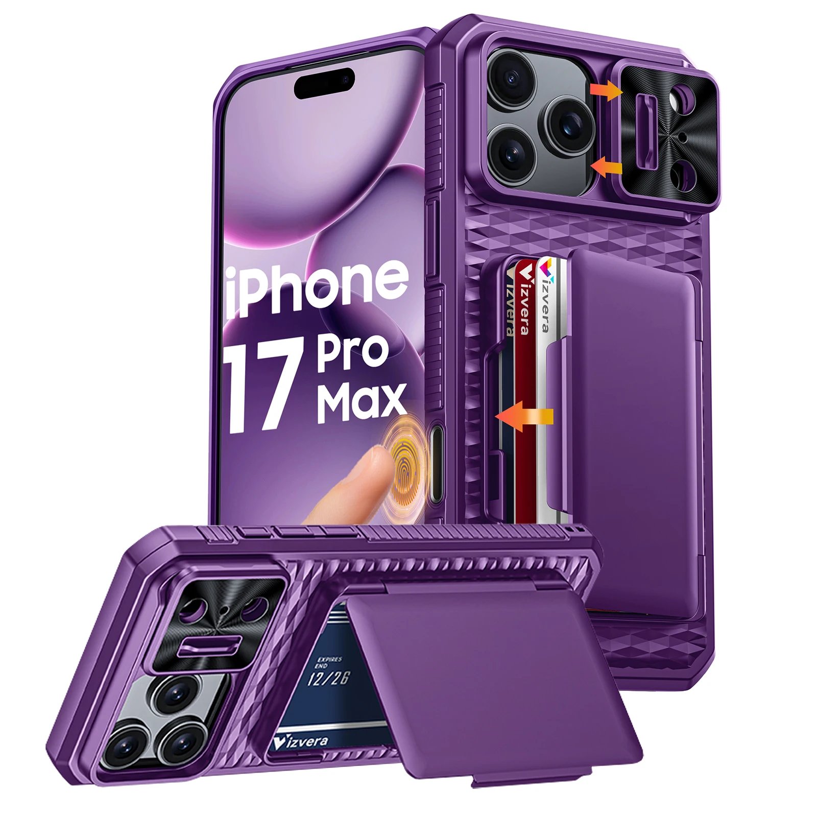 With Card Holder Sliding Camera Cover And Stand For iPhone 17 Pro/17 Pro Max Phone Case, Anti-Fall PC+TPU Wallet Case-Black