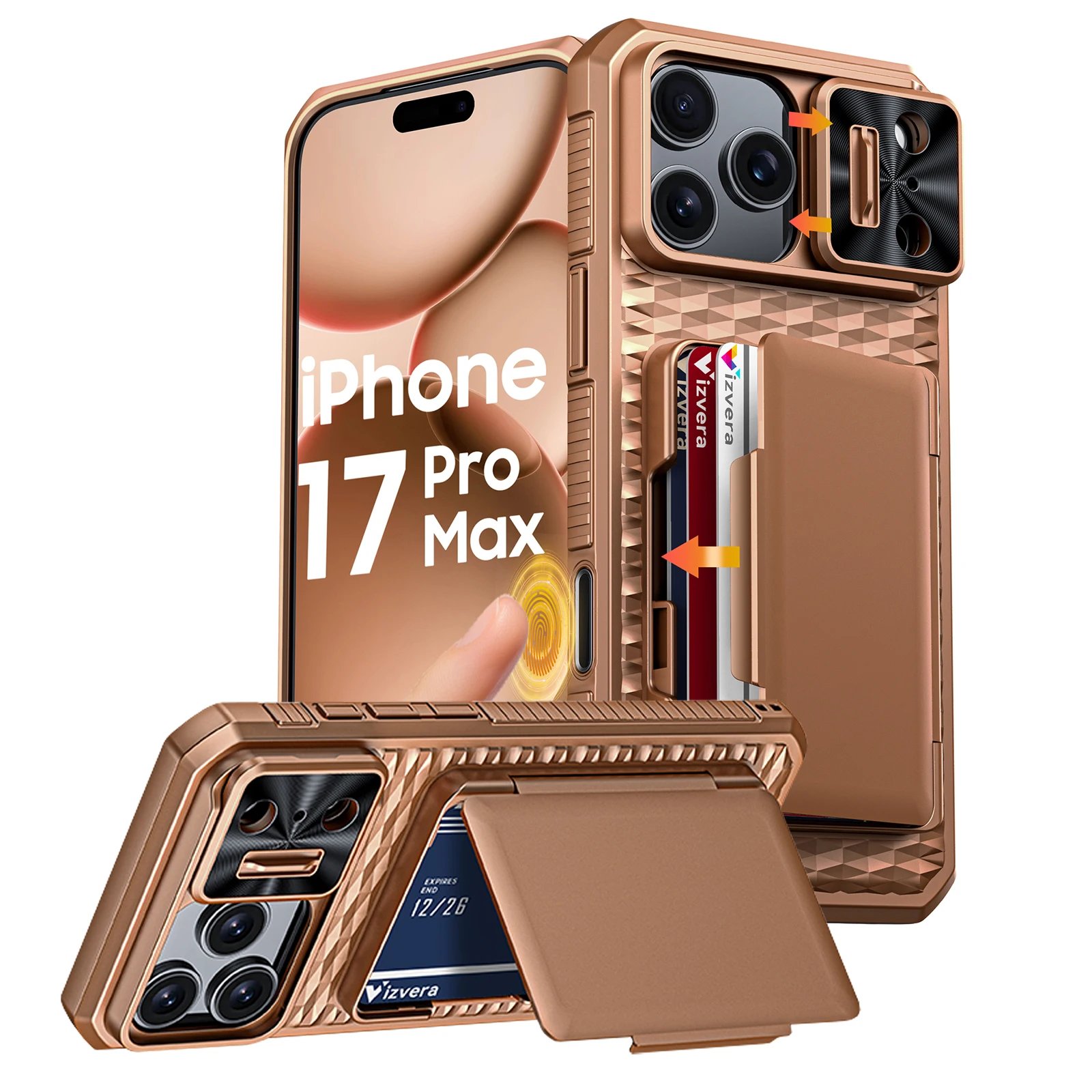 With Card Holder Sliding Camera Cover And Stand For iPhone 17 Pro/17 Pro Max Phone Case, Anti-Fall PC+TPU Wallet Case-Black