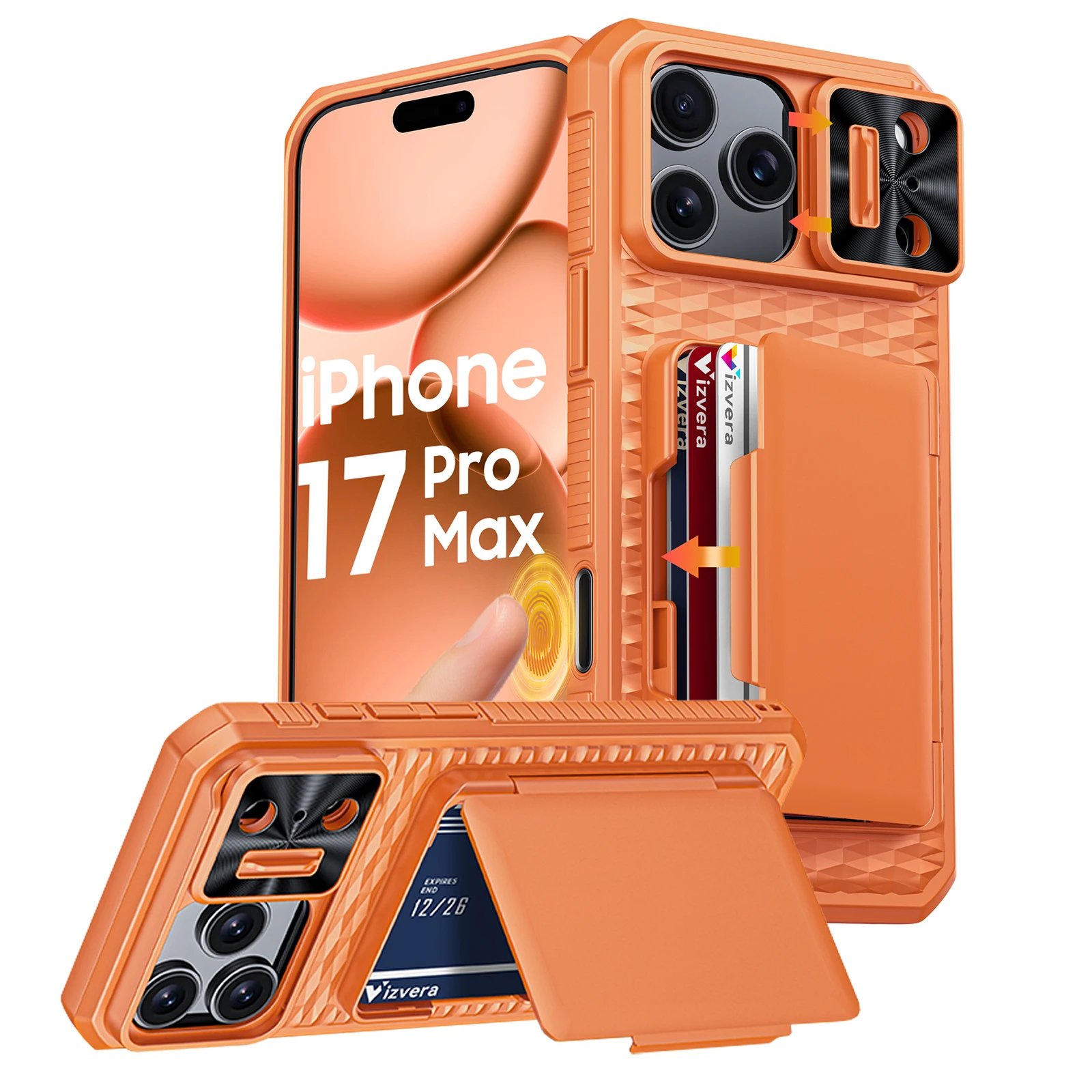With Card Holder Sliding Camera Cover And Stand For iPhone 17 Pro/17 Pro Max Phone Case, Anti-Fall PC+TPU Wallet Case-Black
