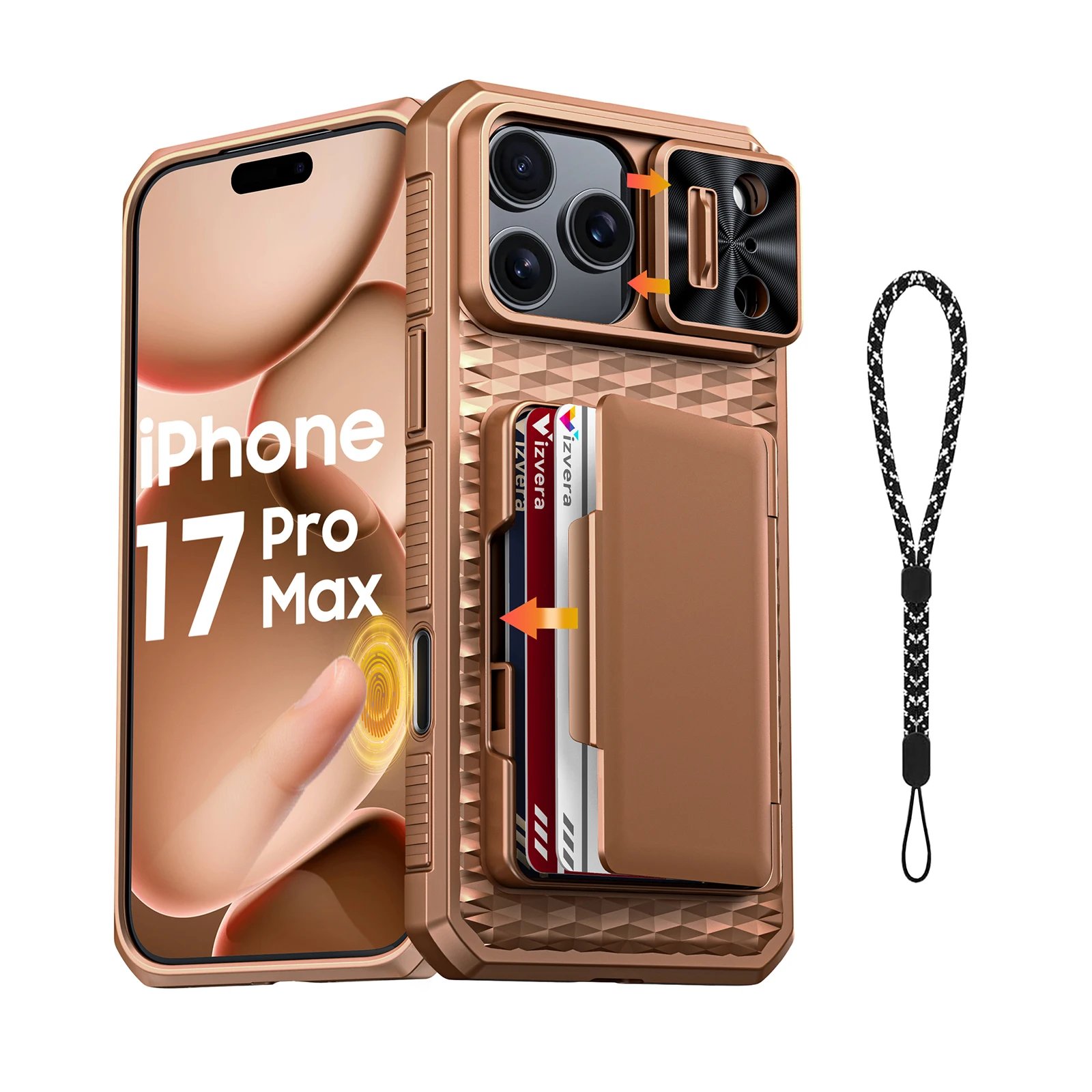 With Card Holder Sliding Camera Cover And Stand For iPhone 17 Pro/17 Pro Max Phone Case, Anti-Fall PC+TPU Wallet Case-Black