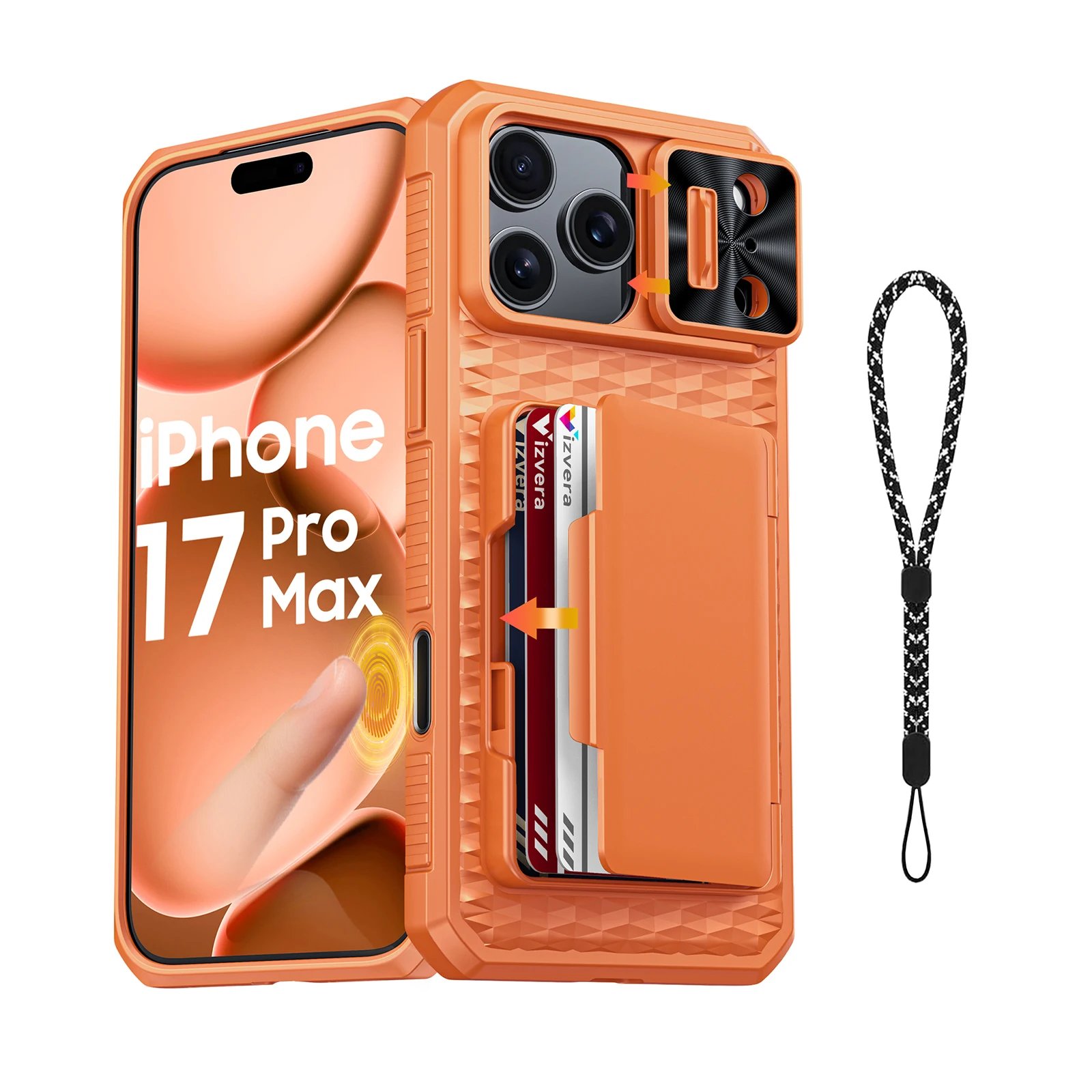 With Card Holder Sliding Camera Cover And Stand For iPhone 17 Pro/17 Pro Max Phone Case, Anti-Fall PC+TPU Wallet Case-Black