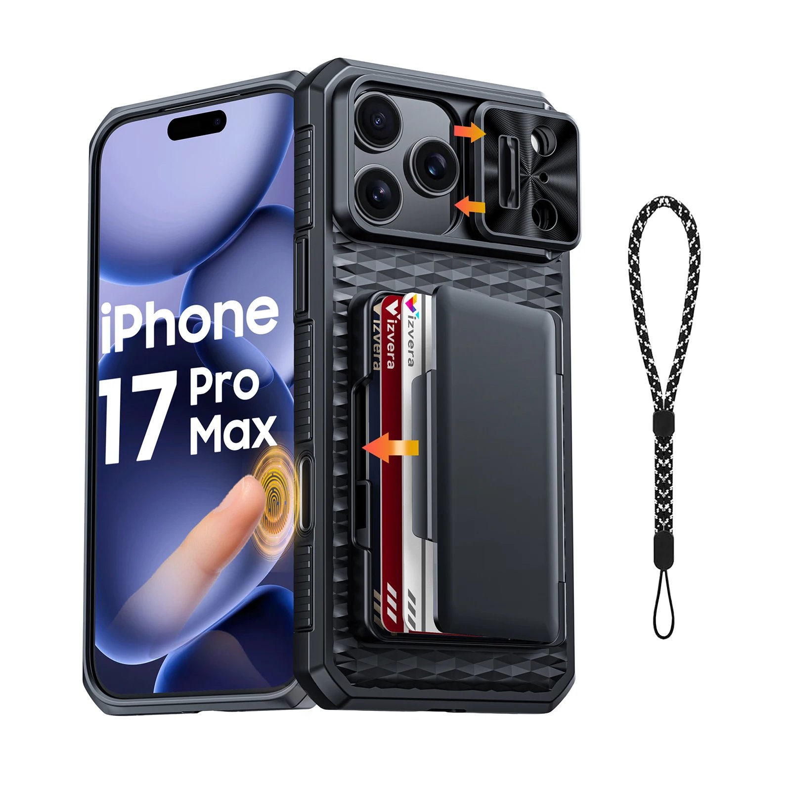 With Card Holder Sliding Camera Cover And Stand For iPhone 17 Pro/17 Pro Max Phone Case, Anti-Fall PC+TPU Wallet Case-Black