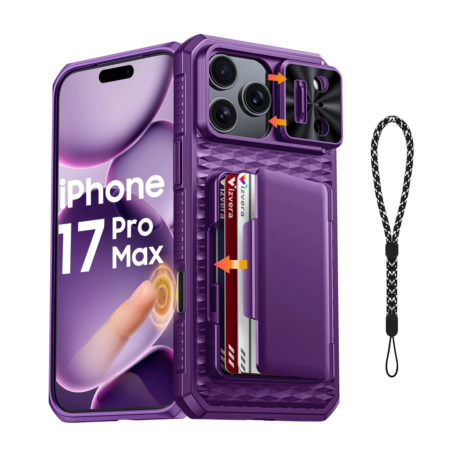 With Card Holder Sliding Camera Cover And Stand For iPhone 17 Pro/17 Pro Max Phone Case, Anti-Fall PC+TPU Wallet Case-Black