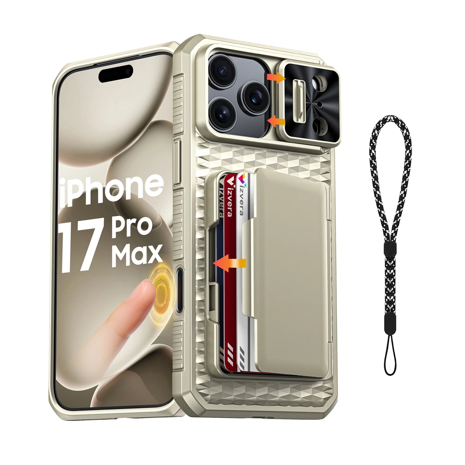 With Card Holder Sliding Camera Cover And Stand For iPhone 17 Pro/17 Pro Max Phone Case, Anti-Fall PC+TPU Wallet Case-Black