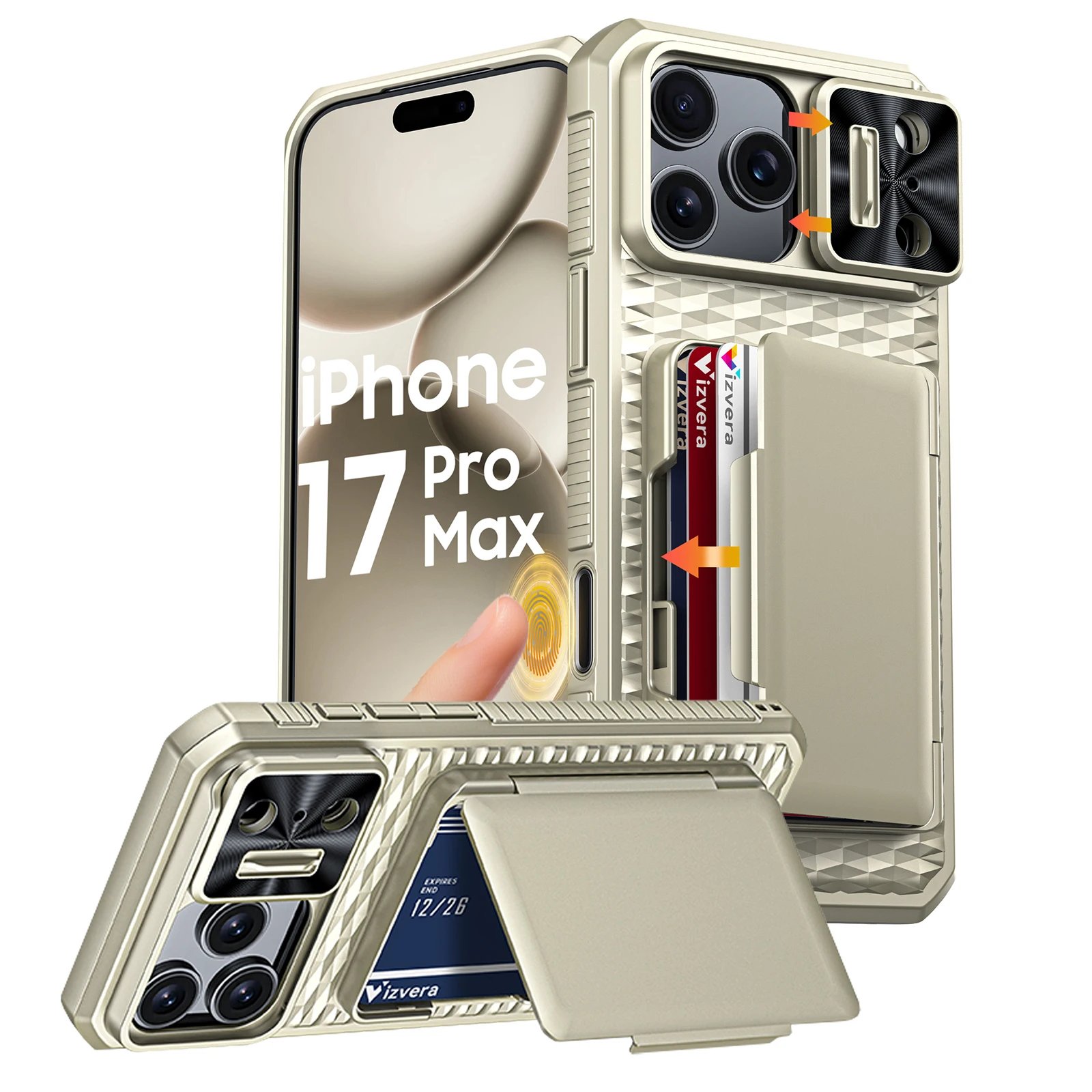 With Card Holder Sliding Camera Cover And Stand For iPhone 17 Pro/17 Pro Max Phone Case, Anti-Fall PC+TPU Wallet Case-Black