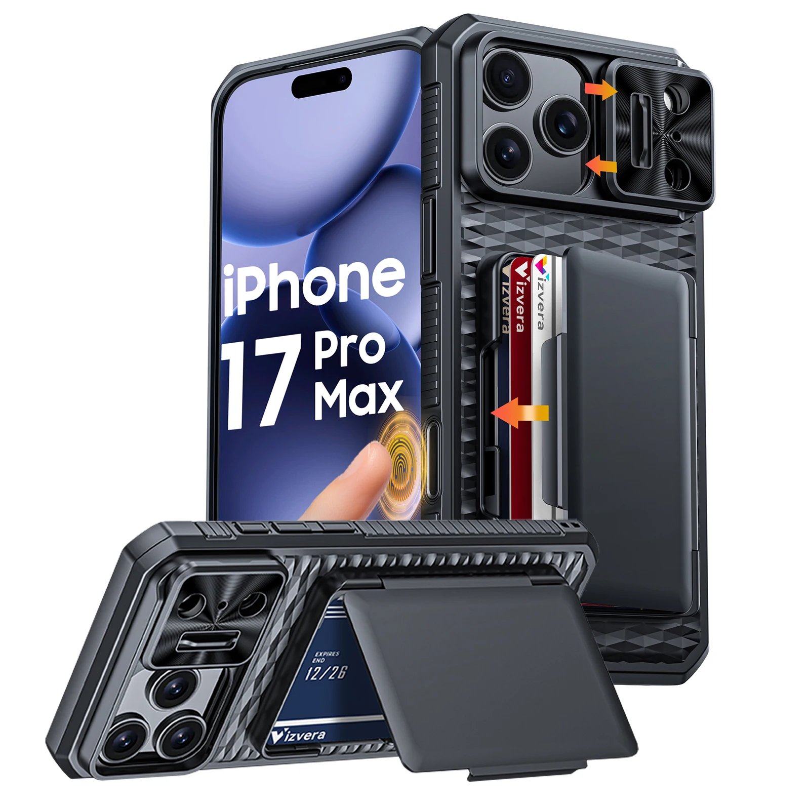 With Card Holder Sliding Camera Cover And Stand For iPhone 17 Pro/17 Pro Max Phone Case, Anti-Fall PC+TPU Wallet Case-Black