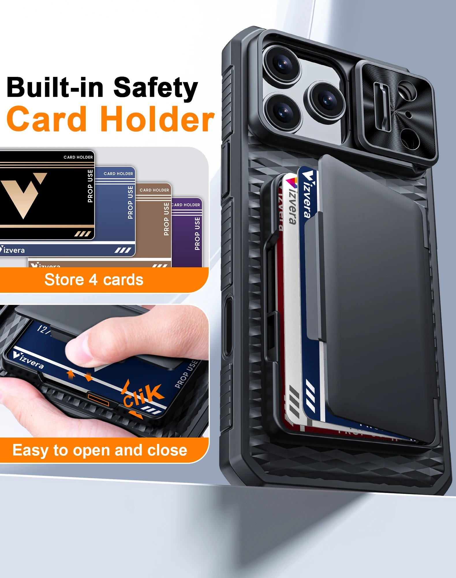 With Card Holder Sliding Camera Cover And Stand For iPhone 17 Pro/17 Pro Max Phone Case, Anti-Fall PC+TPU Wallet Case-Black