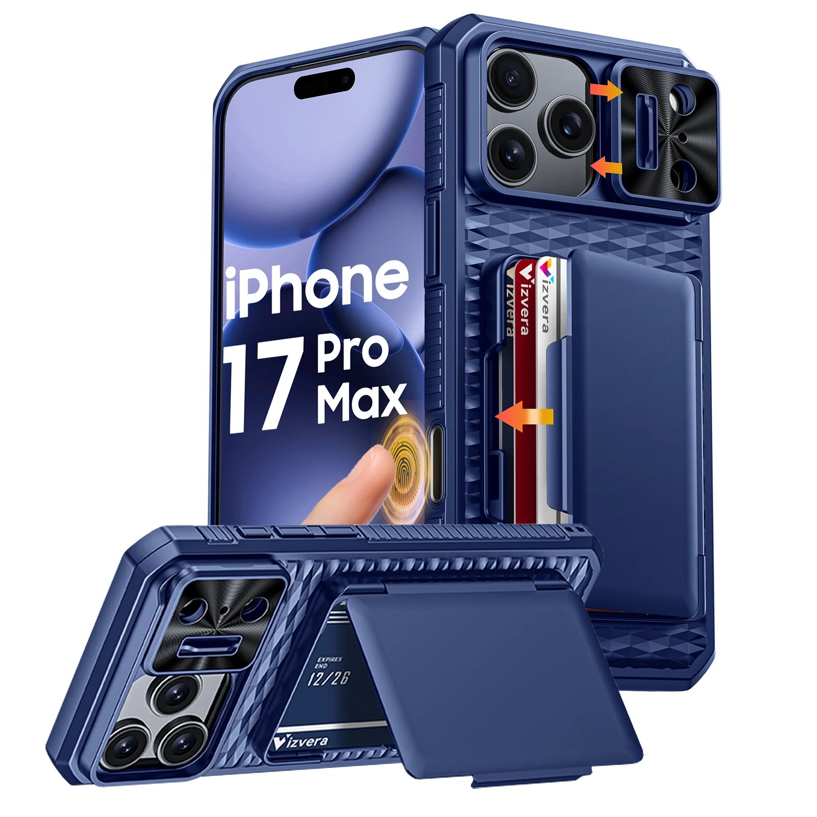 With Card Holder Sliding Camera Cover And Stand For iPhone 17 Pro/17 Pro Max Phone Case, Anti-Fall PC+TPU Wallet Case-Black