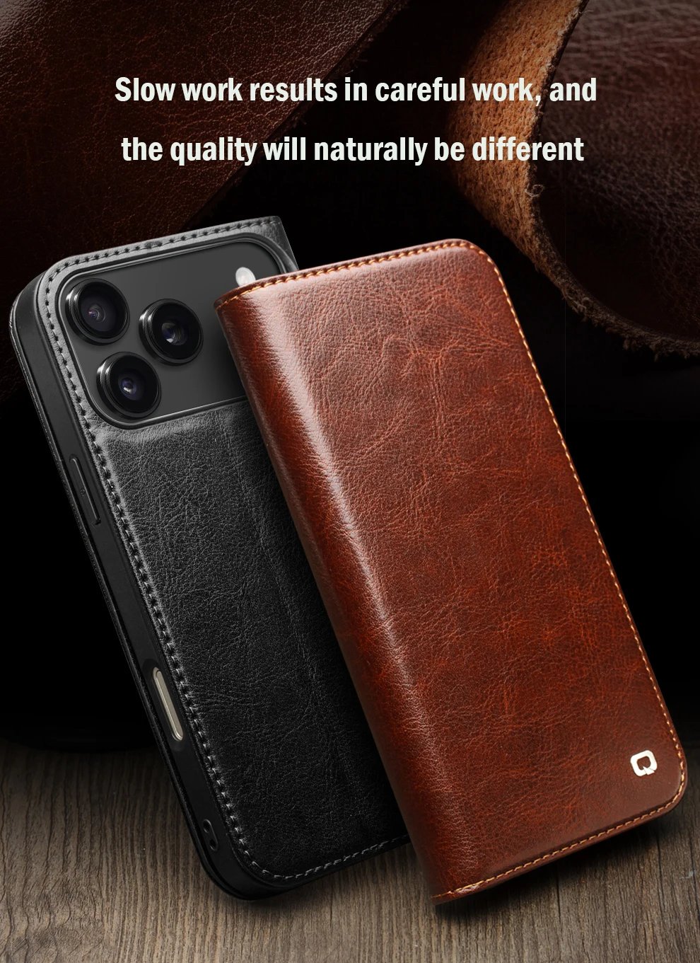 QIALINO Genuine Leather Flip Case for iPhone 17 Bracket Handmade Business Cover with Card Slots for iPhone 17 Pro Max/17 Air