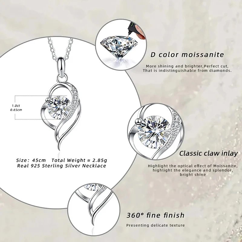 1CT Moissanite Pendant Necklace For Women 100% 925 Sterling Silver Sparkling Lab-created Diamond Wedding Party Fine Jewelry Gift
