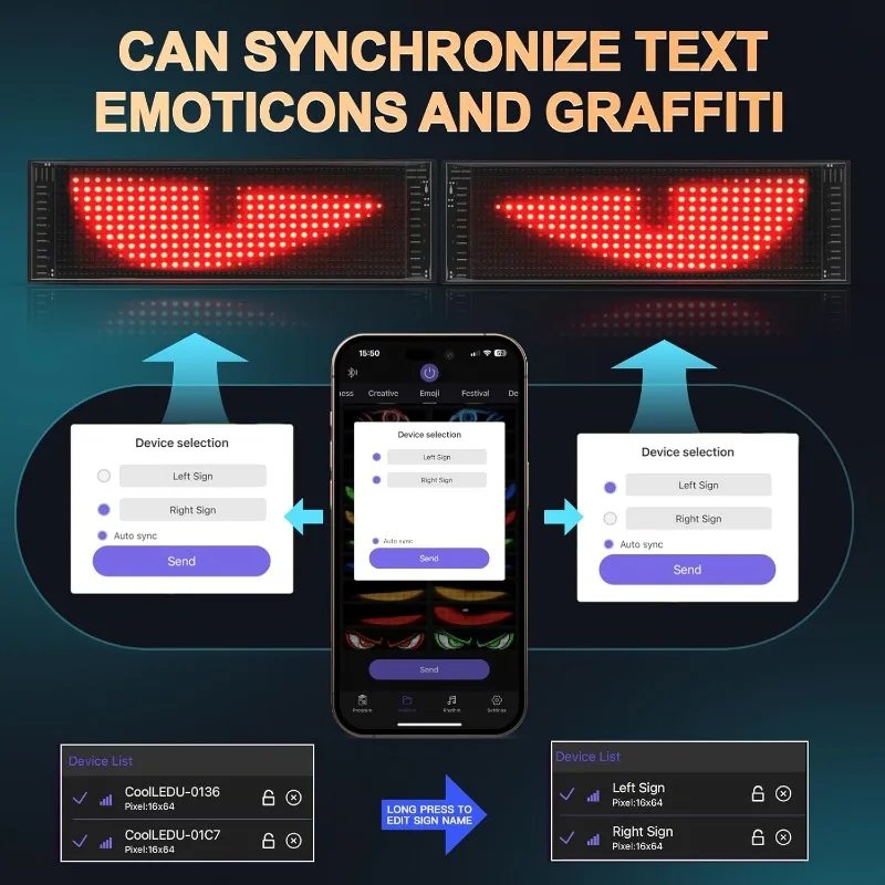 Devil Eyes Light for Cars 15''x4'' Flexible LED Light Signs for Car APP Control Custom Pattern Animation LED Displays for Car