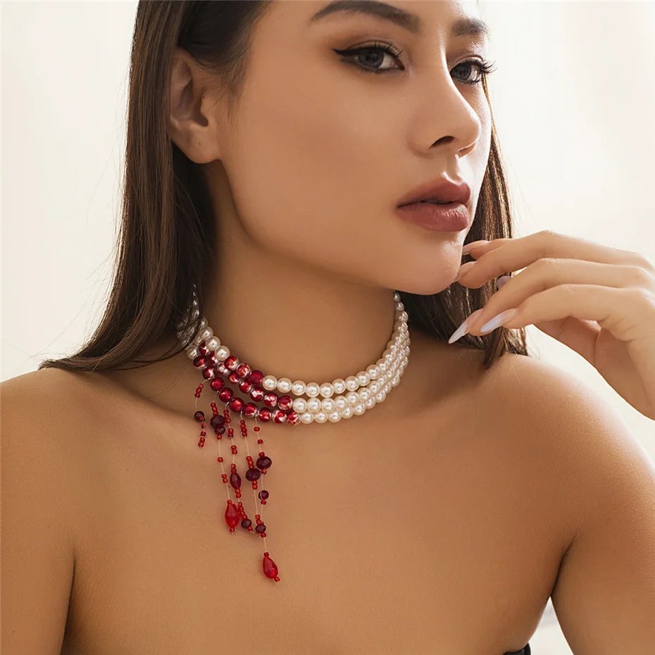 Multilayer Vintage Red Blood Pattern Imitation Pearl Tassel Pendant Necklace for Women Goth Crystal Bead Chain Halloween Jewelry