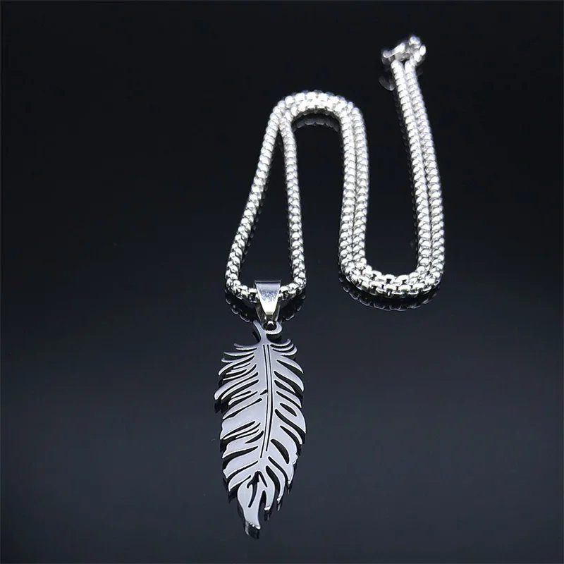Boho Feather Pendant Male Necklace for Women Men Stainless Steel Silver Color Leaf Chain Jewelry Gift collar hombre N3393S01