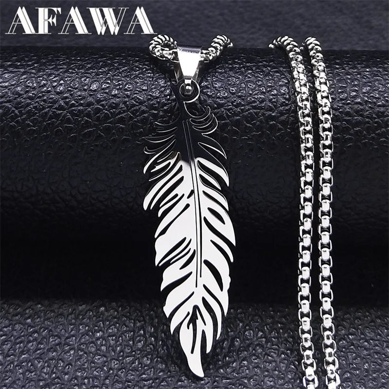 Boho Feather Pendant Male Necklace for Women Men Stainless Steel Silver Color Leaf Chain Jewelry Gift collar hombre N3393S01