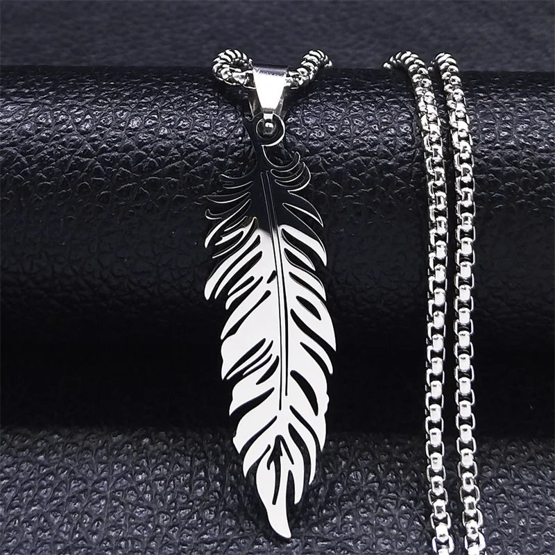 Boho Feather Pendant Male Necklace for Women Men Stainless Steel Silver Color Leaf Chain Jewelry Gift collar hombre N3393S01