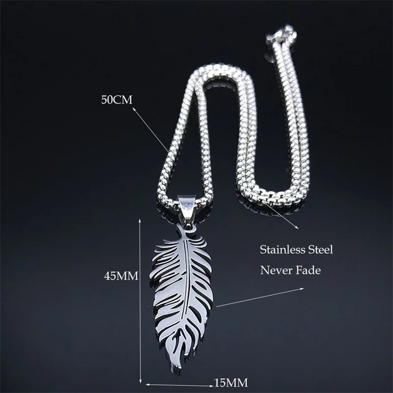 Boho Feather Pendant Male Necklace for Women Men Stainless Steel Silver Color Leaf Chain Jewelry Gift collar hombre N3393S01