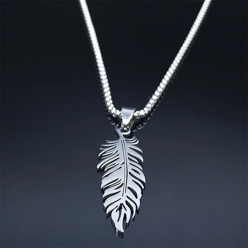 Boho Feather Pendant Male Necklace for Women Men Stainless Steel Silver Color Leaf Chain Jewelry Gift collar hombre N3393S01