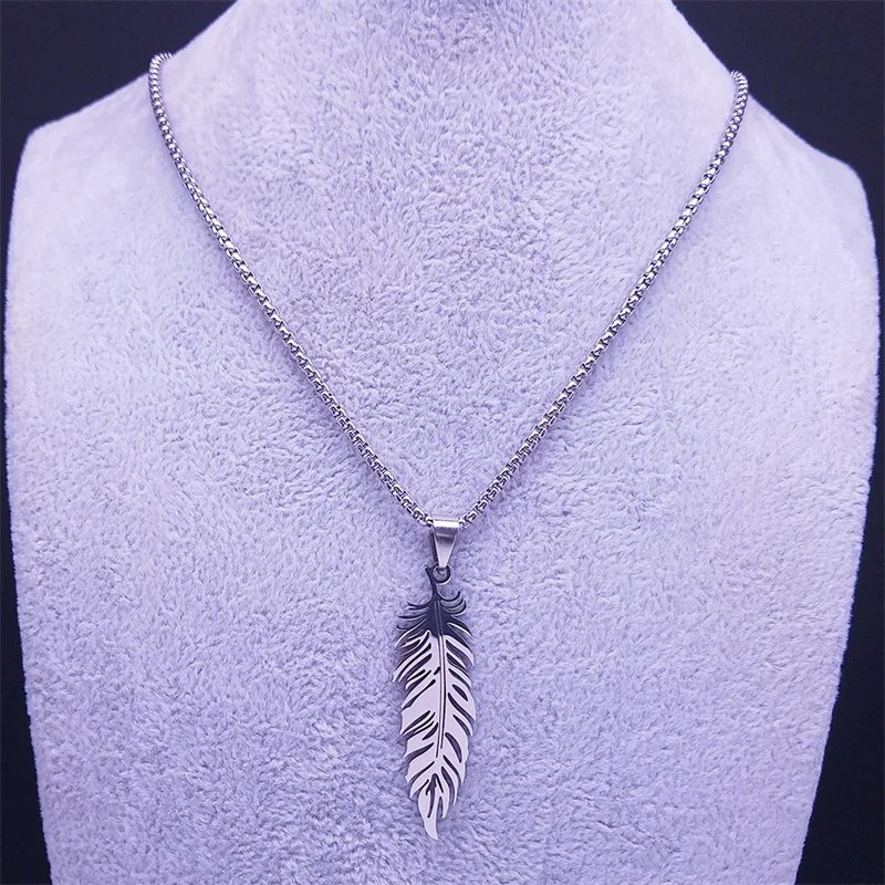 Boho Feather Pendant Male Necklace for Women Men Stainless Steel Silver Color Leaf Chain Jewelry Gift collar hombre N3393S01
