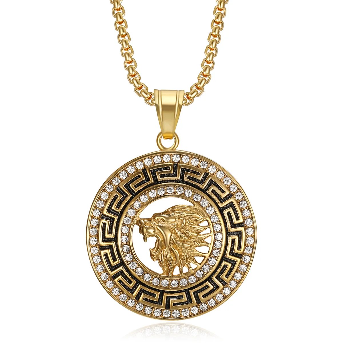 Hip Hop Lion Stainless Steel Gold Plated Zircon Lion Pendant Necklace Men's Pendant Gift Jewelry Stylish Round Accessories