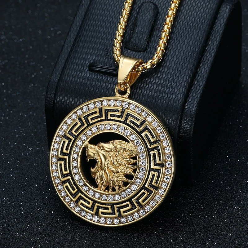Hip Hop Lion Stainless Steel Gold Plated Zircon Lion Pendant Necklace Men's Pendant Gift Jewelry Stylish Round Accessories