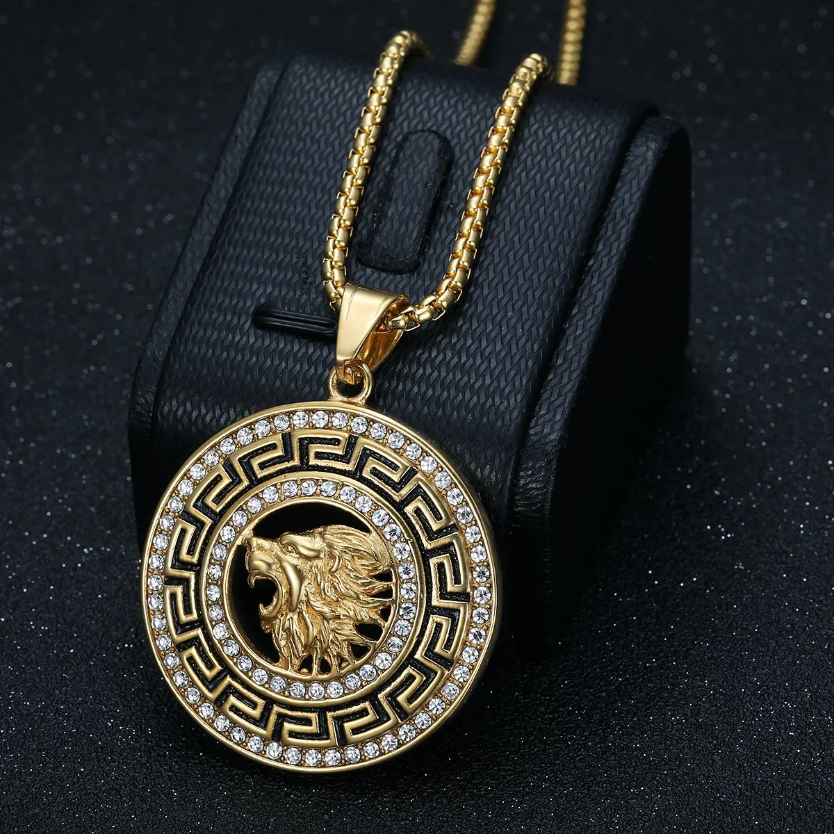 Hip Hop Lion Stainless Steel Gold Plated Zircon Lion Pendant Necklace Men's Pendant Gift Jewelry Stylish Round Accessories
