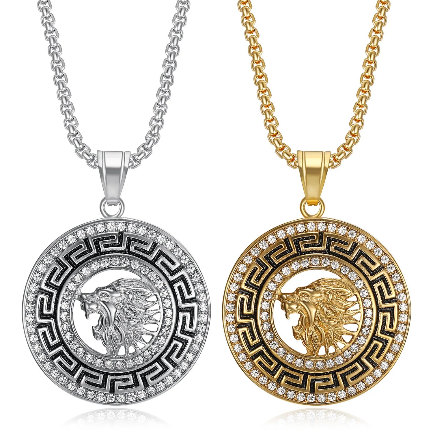 Hip Hop Lion Stainless Steel Gold Plated Zircon Lion Pendant Necklace Men's Pendant Gift Jewelry Stylish Round Accessories