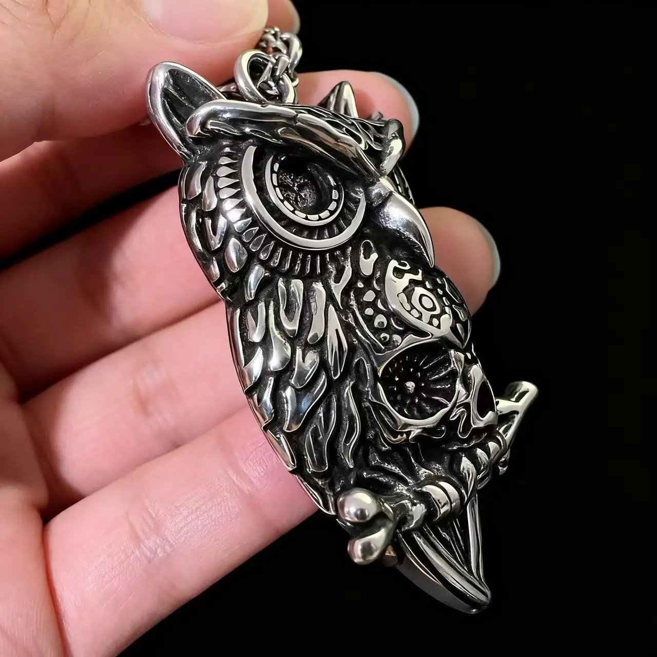 HNSP 316L Stainless Steel Owl Skull Pendant Necklace For Men Punk Gothic Style Halloween Jewelry Accessory Gift