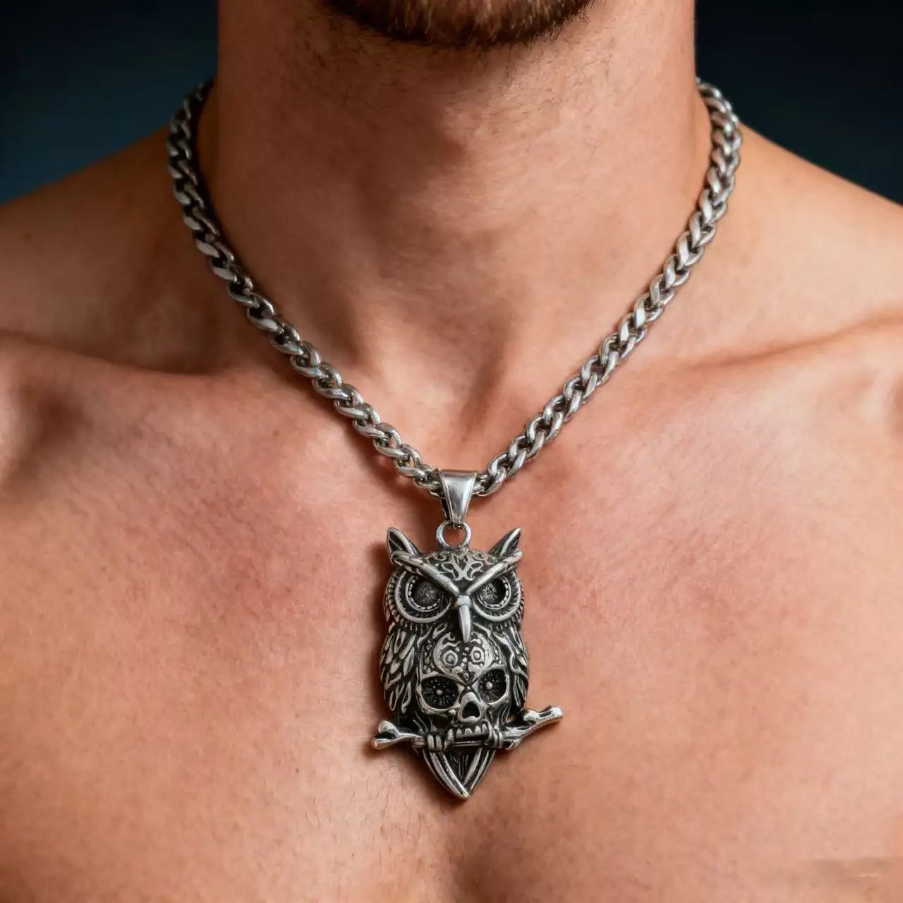 HNSP 316L Stainless Steel Owl Skull Pendant Necklace For Men Punk Gothic Style Halloween Jewelry Accessory Gift