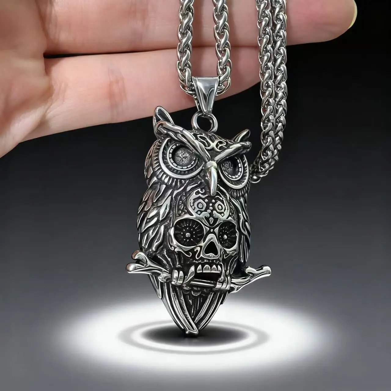 HNSP 316L Stainless Steel Owl Skull Pendant Necklace For Men Punk Gothic Style Halloween Jewelry Accessory Gift