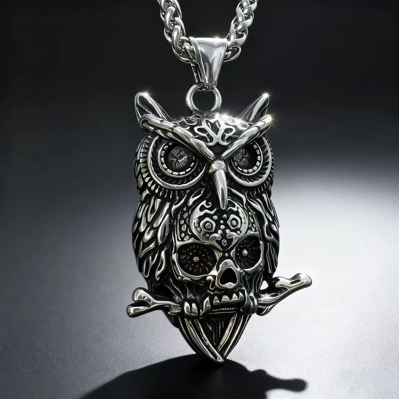 HNSP 316L Stainless Steel Owl Skull Pendant Necklace For Men Punk Gothic Style Halloween Jewelry Accessory Gift