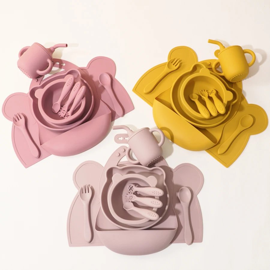 10PCS Silicone Baby Tableware Set Waterproof Bib Suction Plate Bowl Sippy Cup Soft Spoon Fork Portable Placemat Mini Utensils