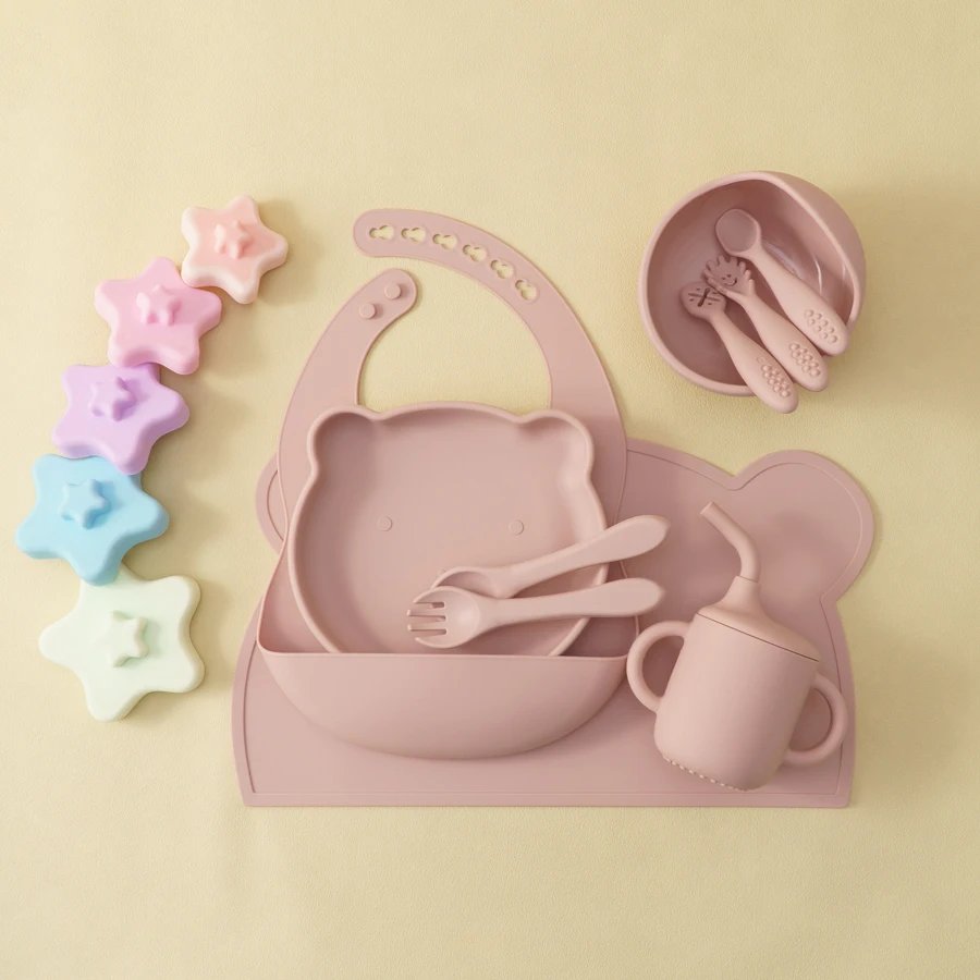 10PCS Silicone Baby Tableware Set Waterproof Bib Suction Plate Bowl Sippy Cup Soft Spoon Fork Portable Placemat Mini Utensils