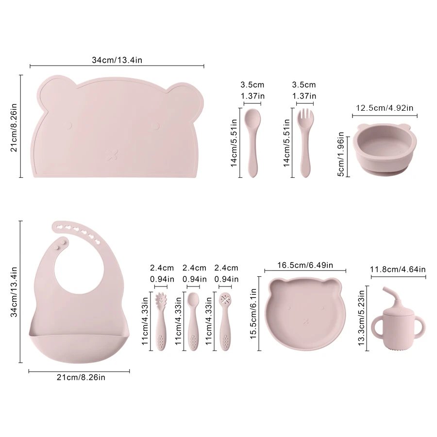 10PCS Silicone Baby Tableware Set Waterproof Bib Suction Plate Bowl Sippy Cup Soft Spoon Fork Portable Placemat Mini Utensils