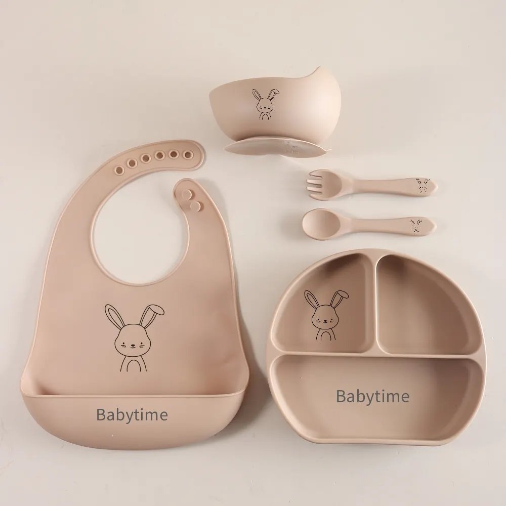 5pcs Bunny Baby Utensils Set, Food Grade Silicone Weaning Set with Bib, Suction Plate, Bowl, Spoon & Fork gift set