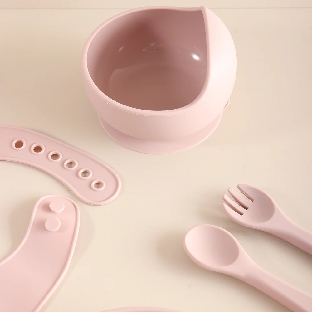 5pcs Bunny Baby Utensils Set, Food Grade Silicone Weaning Set with Bib, Suction Plate, Bowl, Spoon & Fork gift set