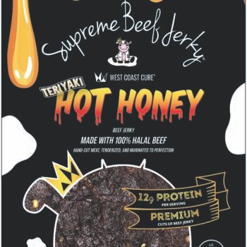 Packaging for Supreme Beef Jerky Hot Honey with halal certification and bold HOT HONEY text.