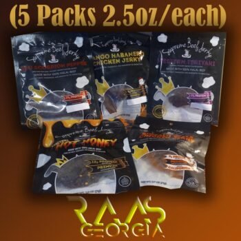 Five-pack assortment of Supreme Beef Jerky pouches on a warm brown gradient background with '5 Packs 2.5oz/each' at the top and a RAAS Georgia logo at the bottom, conveying a bundle offer.